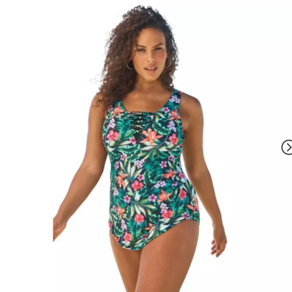 Swim 365 Women's Plus Size Sarong-Front Swimsuit (Oasis Floral) Size 24